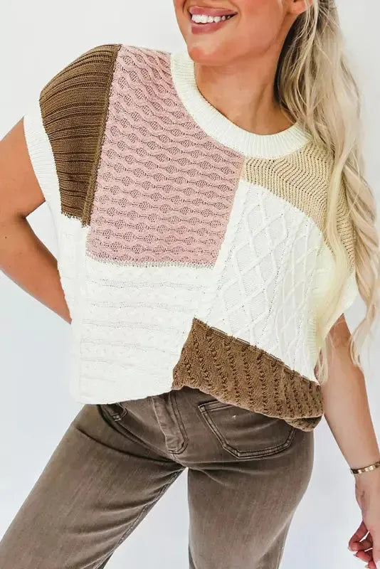Multicolor Colorblock Mix Textured Sweater Tee-0