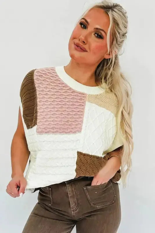 Multicolor Colorblock Mix Textured Sweater Tee-2