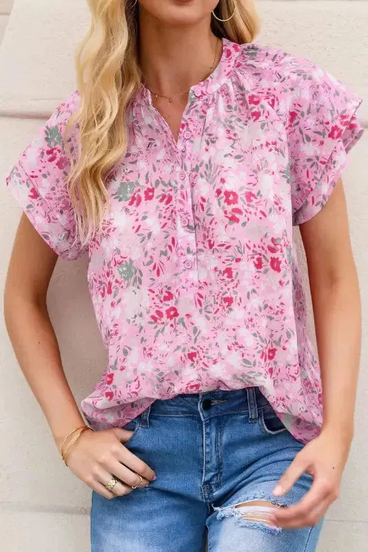 Multicolor Floral Mandarin Collar Top-5
