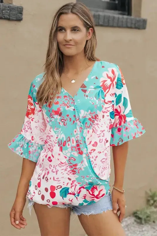 Multicolor Ruffle Sleeve Surplice Blouse-0