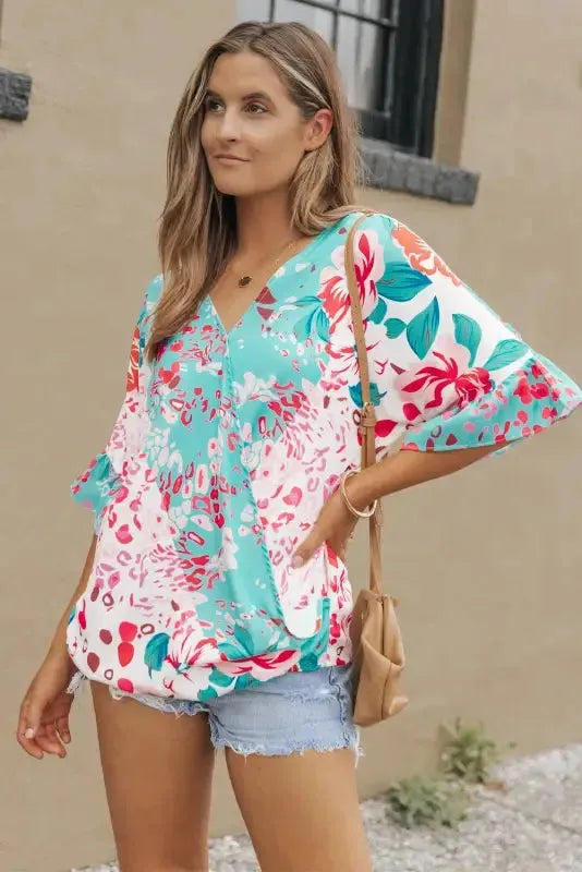 Multicolor Ruffle Sleeve Surplice Blouse-3