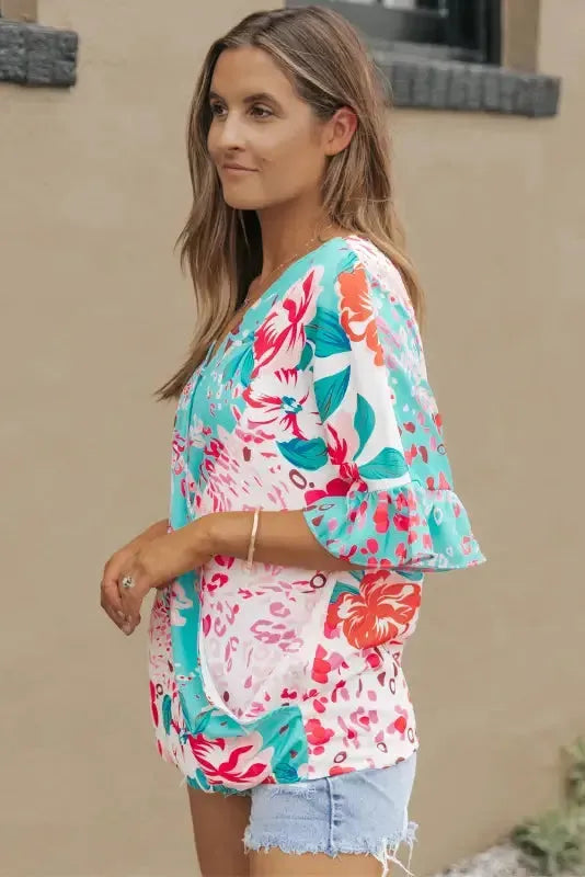 Multicolor Ruffle Sleeve Surplice Blouse-2