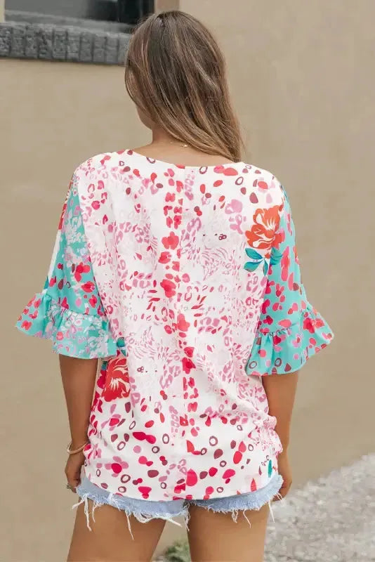 Multicolor Ruffle Sleeve Surplice Blouse-1