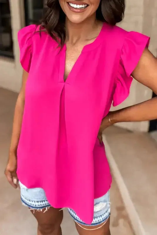 Notched Neck Ruffle Sleeve Blouse-5