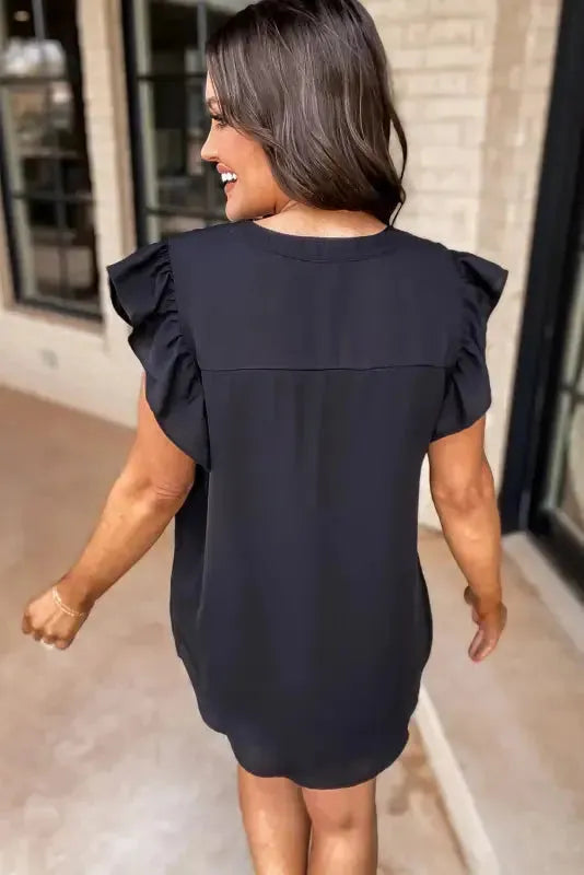 Notched Neck Ruffle Sleeve Blouse-1