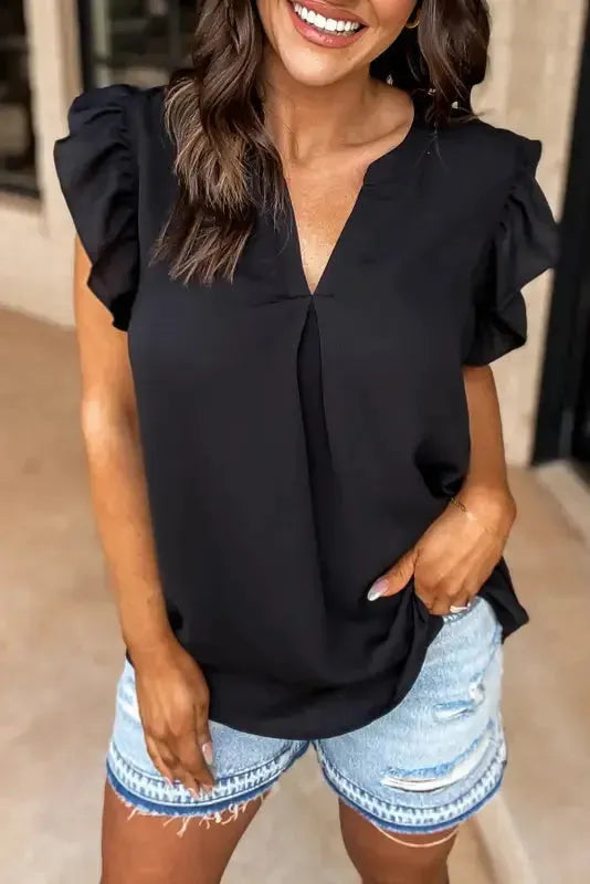 Notched Neck Ruffle Sleeve Blouse-0