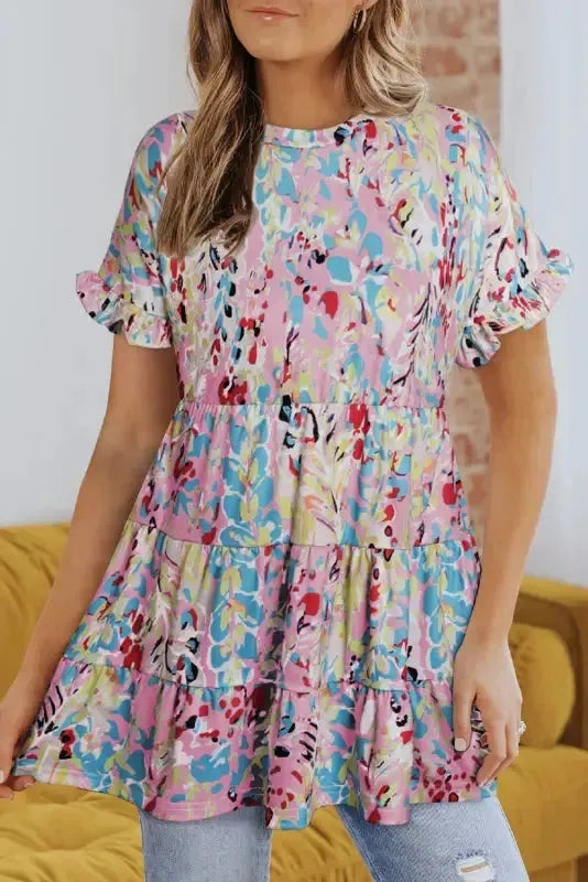 Pink Floral Print Ruffle Sleeve Babydoll Top-4