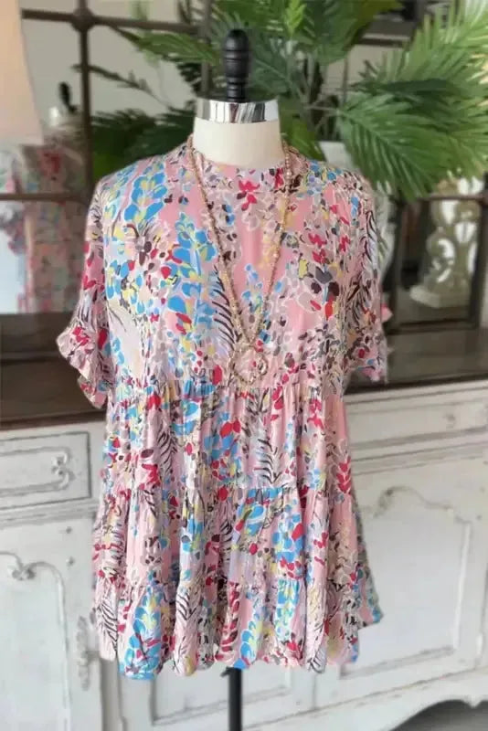 Pink Floral Print Ruffle Sleeve Babydoll Top-3