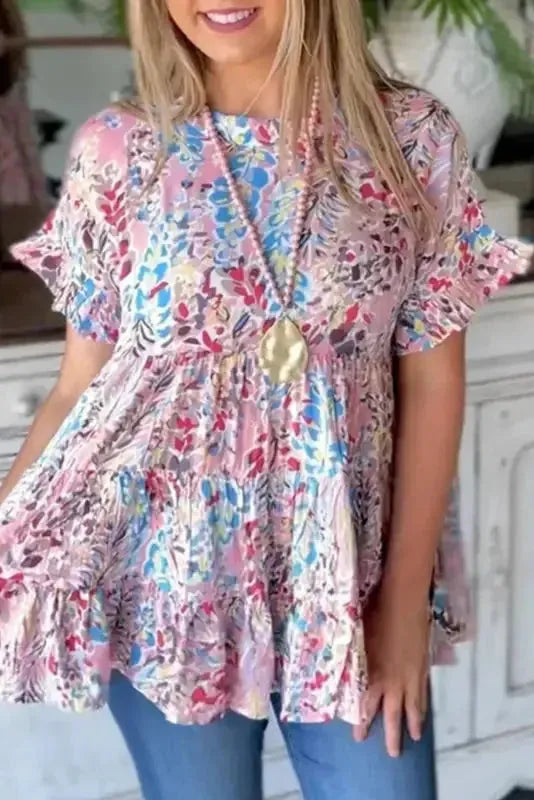 Pink Floral Print Ruffle Sleeve Babydoll Top-0