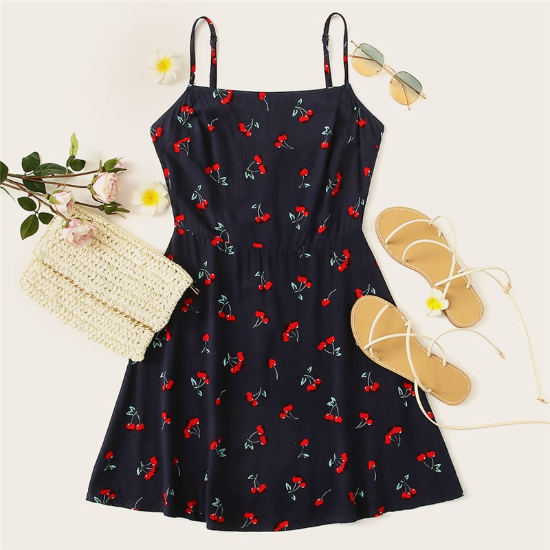 SHEIN Multicolor Weekend Casual Allover Cherry Print Natural Waist Short Spaghetti Strap Cami Dress Summer Women Going Out Dress-4