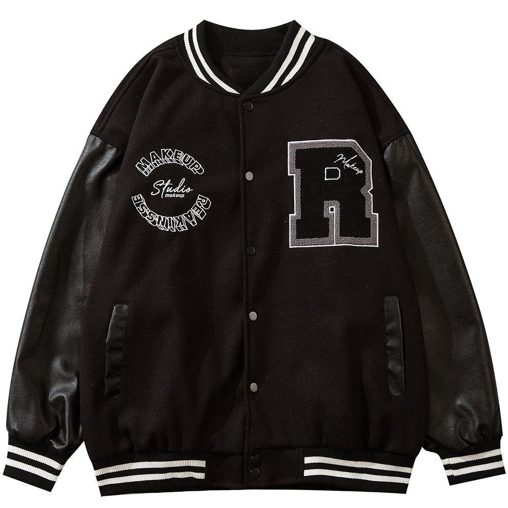 Varsity Jacket Men Leather Patchwork Letter Patch Baseball Coats Harajuku All-match Casual College Style Bomber Outwear-0