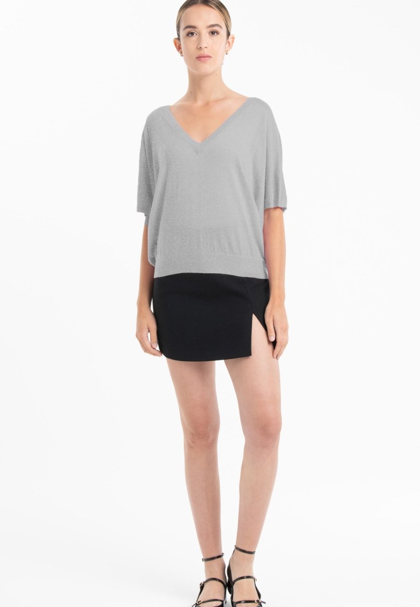Pull col V manches chauve souris ultrafin cachemire et laine gris femme - KELLY 6-4
