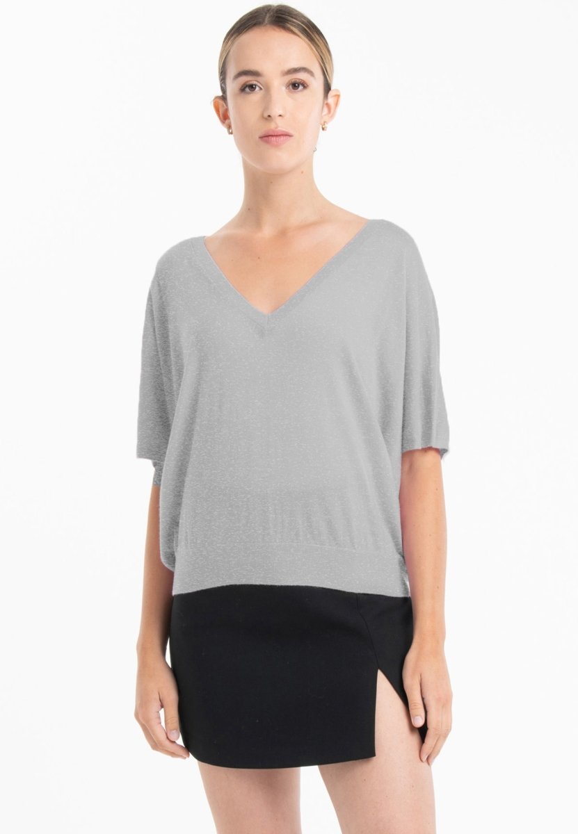 Pull col V manches chauve souris ultrafin cachemire et laine gris femme - KELLY 6-0