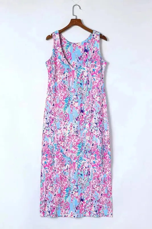 Purple Abstract Floral Print Sleeveless Maxi Dress-0