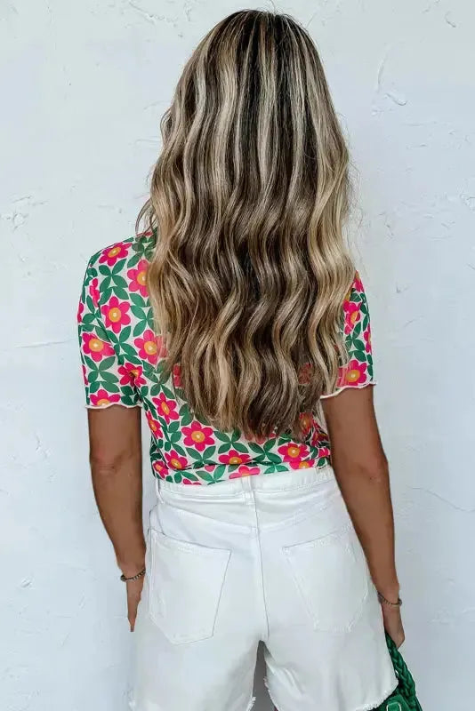 Retro Floral Print Crew Neck T Shirt-1