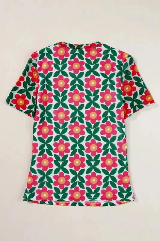 Retro Floral Print Crew Neck T Shirt-4