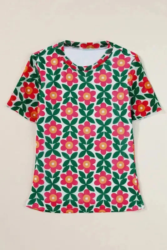 Retro Floral Print Crew Neck T Shirt-3