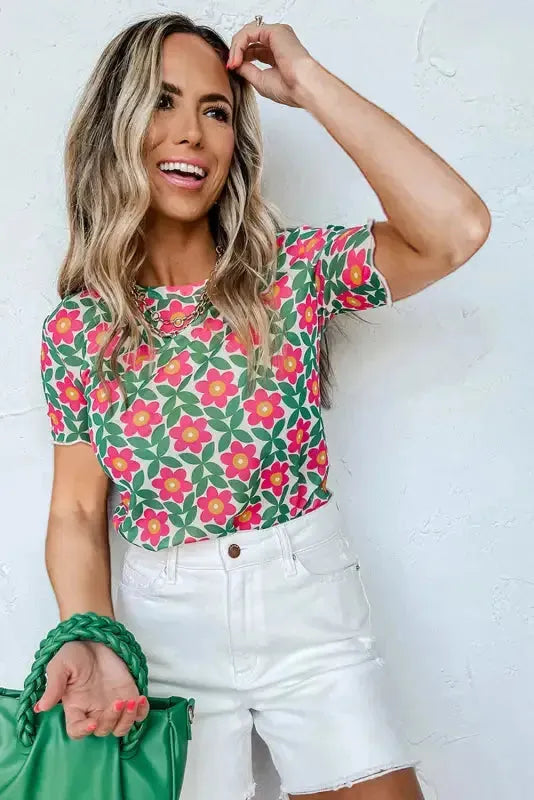 Retro Floral Print Crew Neck T Shirt-2