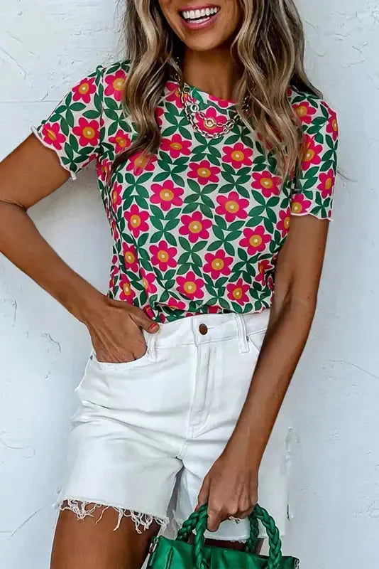 Retro Floral Print Crew Neck T Shirt-0