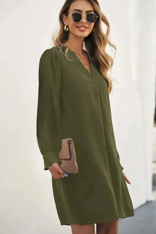 Shirt Dress - Green Split V Neck Ruffled Sleeves-2