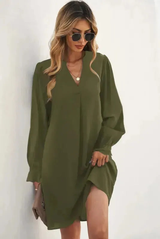 Shirt Dress - Green Split V Neck Ruffled Sleeves-3