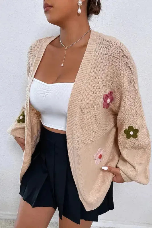 Smoke Gray Floral Applique Drop Shoulder Bubble Sleeve Cardigan-2