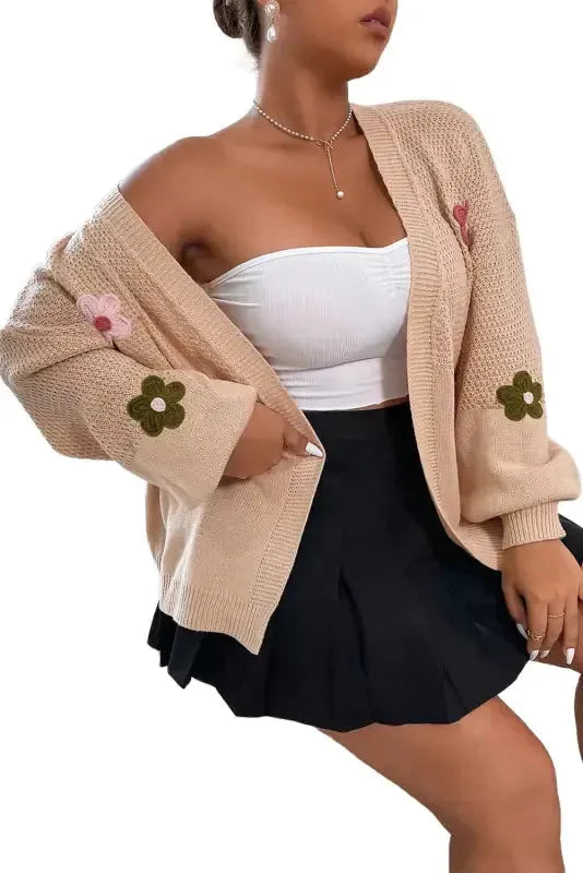 Smoke Gray Floral Applique Drop Shoulder Bubble Sleeve Cardigan-3