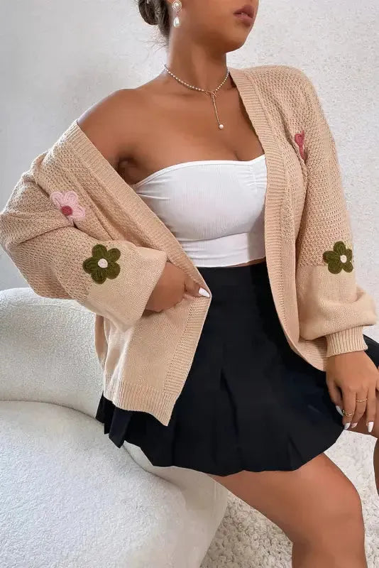 Smoke Gray Floral Applique Drop Shoulder Bubble Sleeve Cardigan-0