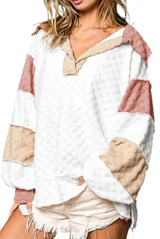 White Plaid V-Neck Loose Blouse-3