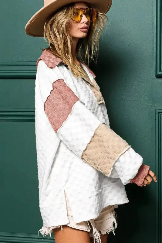 White Plaid V-Neck Loose Blouse-2