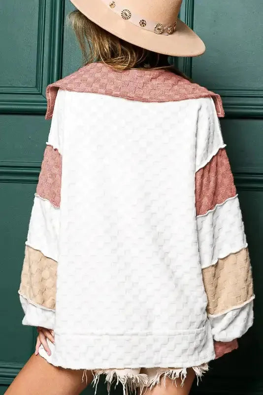 White Plaid V-Neck Loose Blouse-1