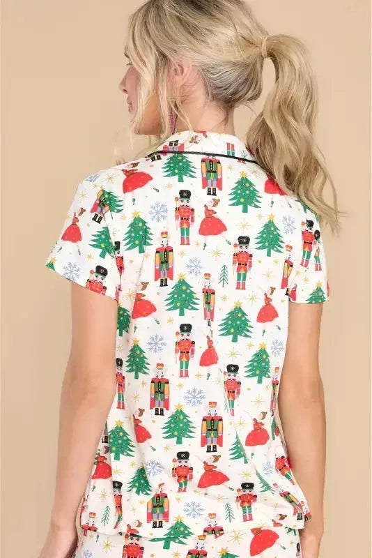 White Printed Christmas Pattern Buttoned Two Piece Sleepwear-3