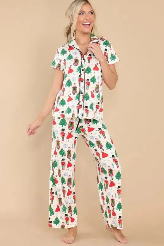 White Printed Christmas Pattern Buttoned Two Piece Sleepwear-1
