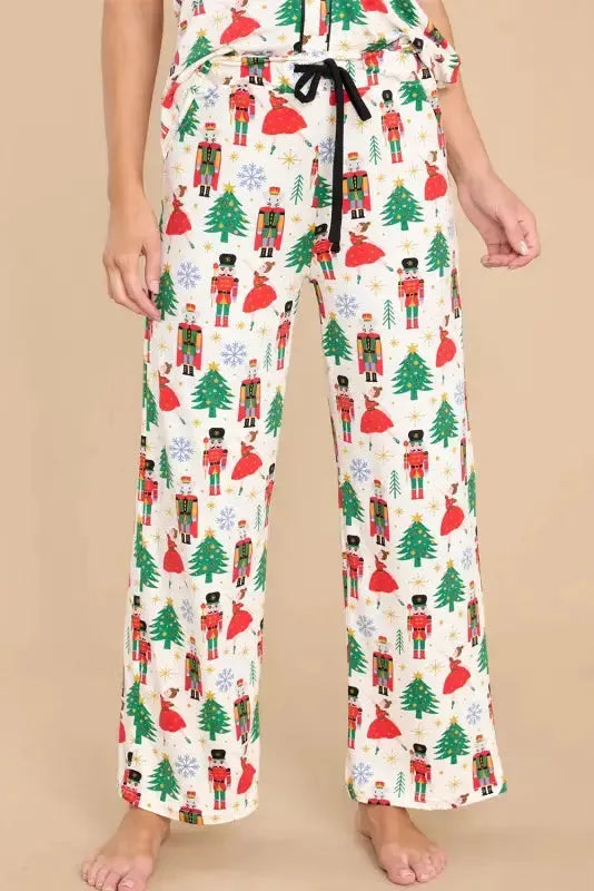 White Printed Christmas Pattern Buttoned Two Piece Sleepwear-4