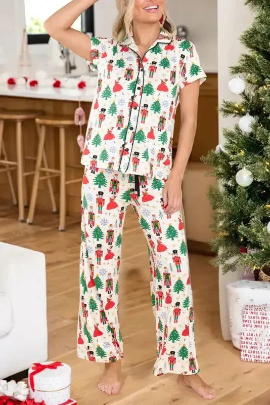 White Printed Christmas Pattern Buttoned Two Piece Sleepwear-0