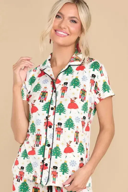 White Printed Christmas Pattern Buttoned Two Piece Sleepwear-2