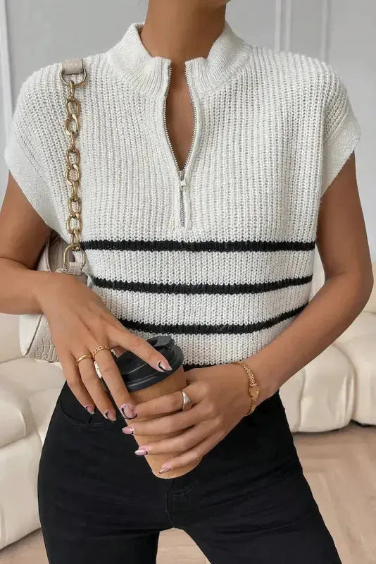 White Stripe Half Zip Split Stand Neck Sweater T-shirt-4