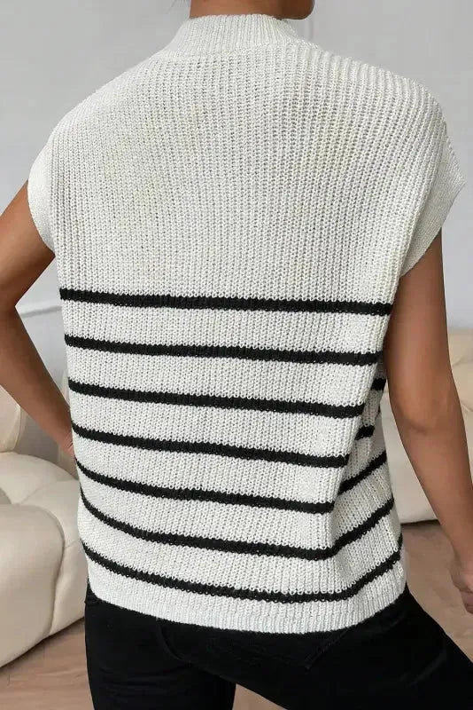 White Stripe Half Zip Split Stand Neck Sweater T-shirt-1