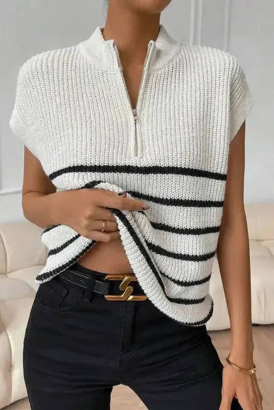 White Stripe Half Zip Split Stand Neck Sweater T-shirt-3