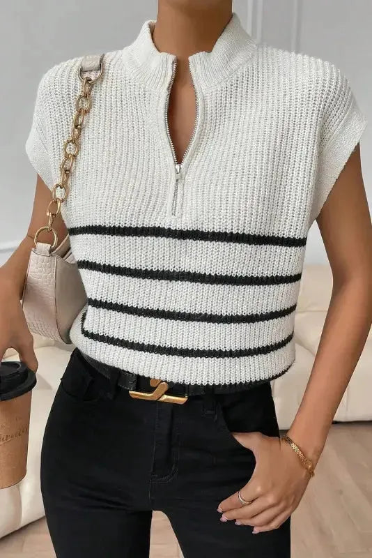 White Stripe Half Zip Split Stand Neck Sweater T-shirt-0