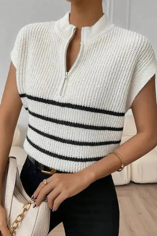 White Stripe Half Zip Split Stand Neck Sweater T-shirt-2